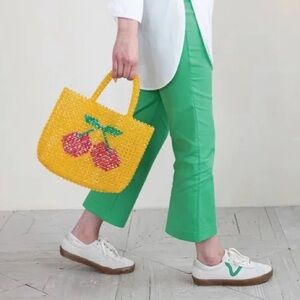 Yellow Beaded Handbag with Cherry Design